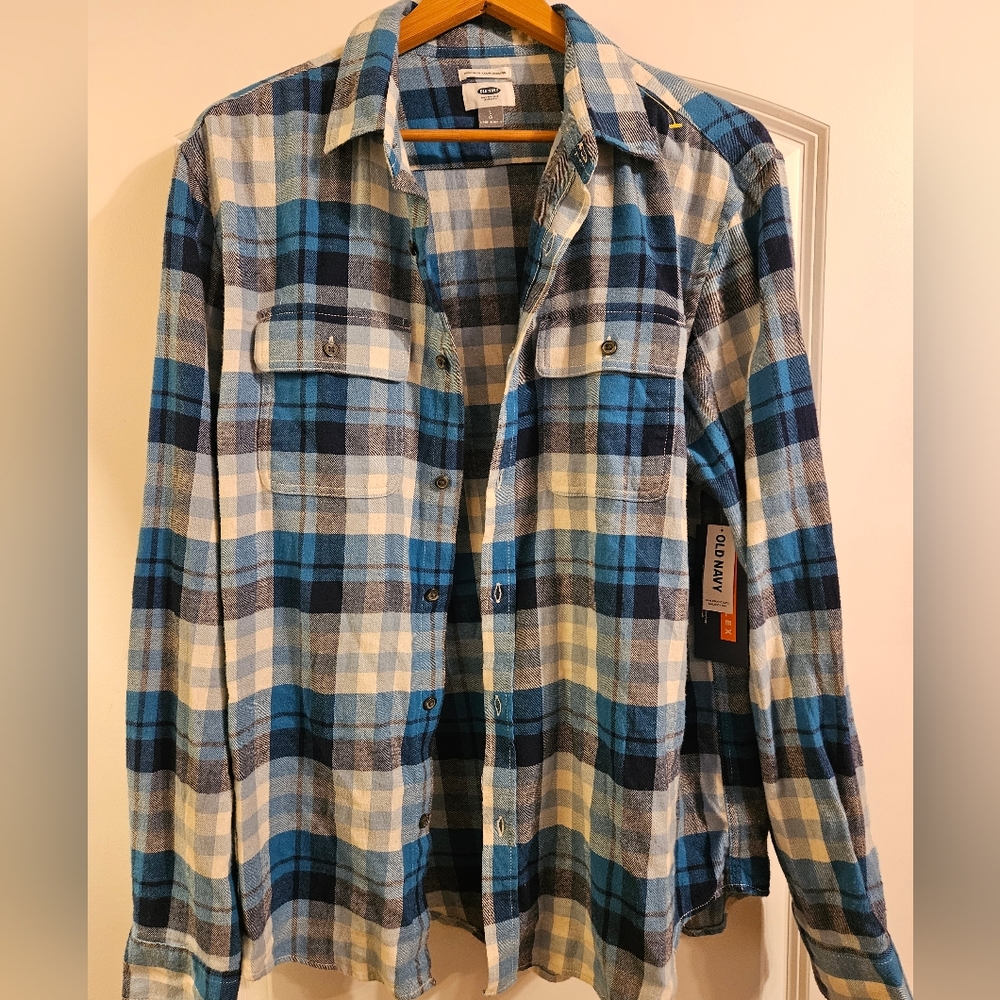 Old Navy Blue and Cream Checkered Long Sleeve Shirt
